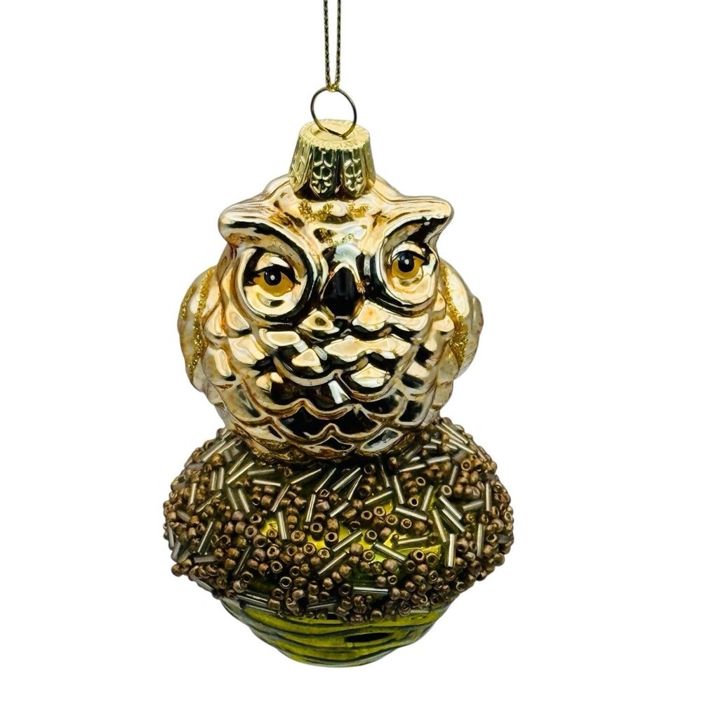 Christmas Vintage Owl Glass Ornament Metallic Embellishments Gold Hanger 4.5in